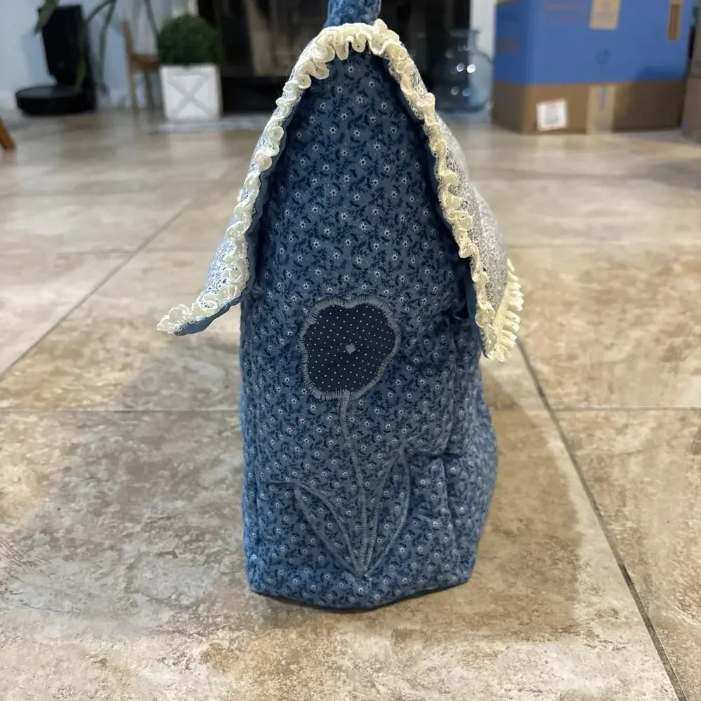 Handmade Blue Calico House Tissue Box Cover Quilted Lace Country Cottagecore
